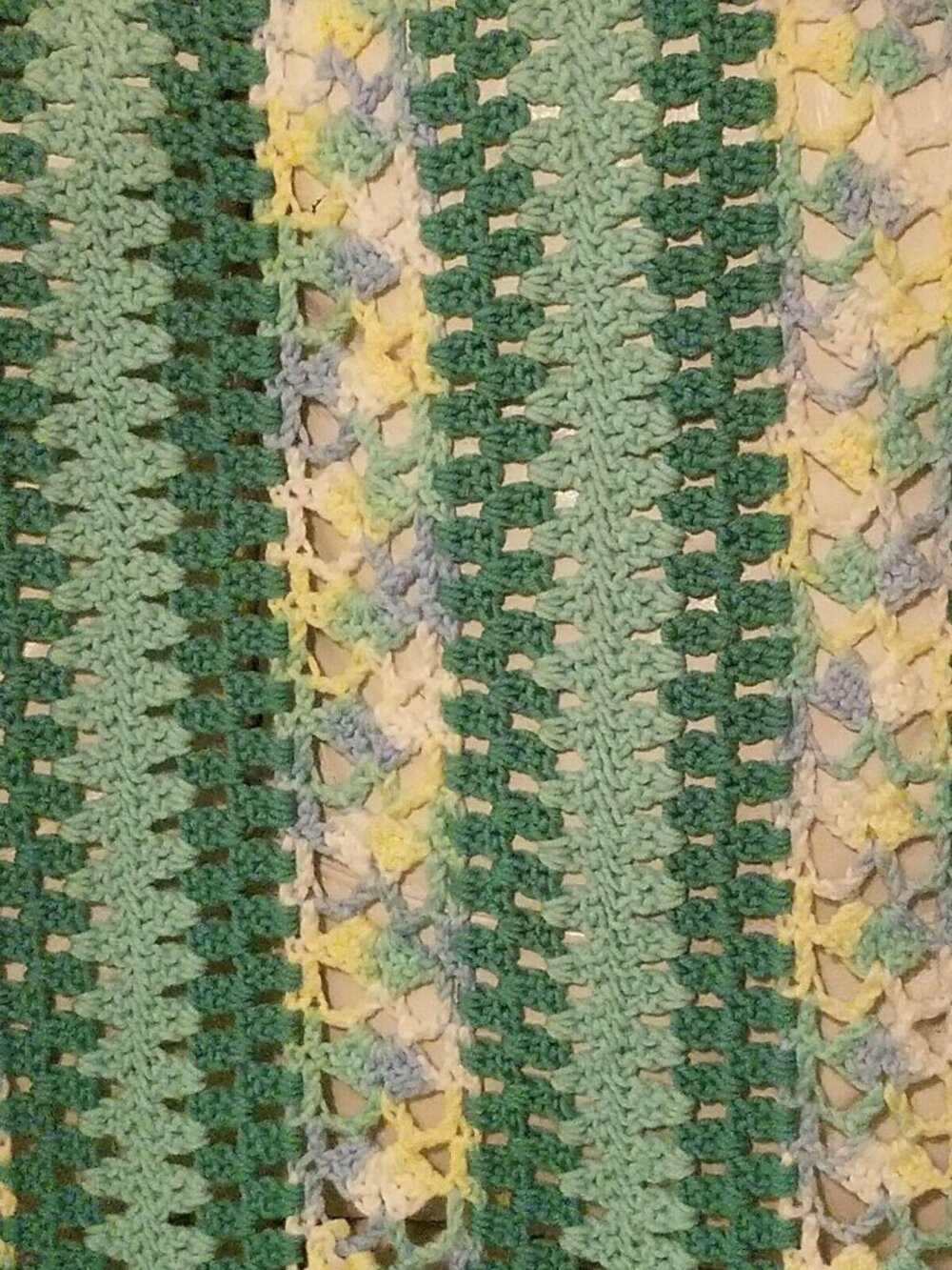 Vintage Hand-Crocheted Afghan Blanket Green & Pastel Stripes 45"x30" - Picture 4 of 4